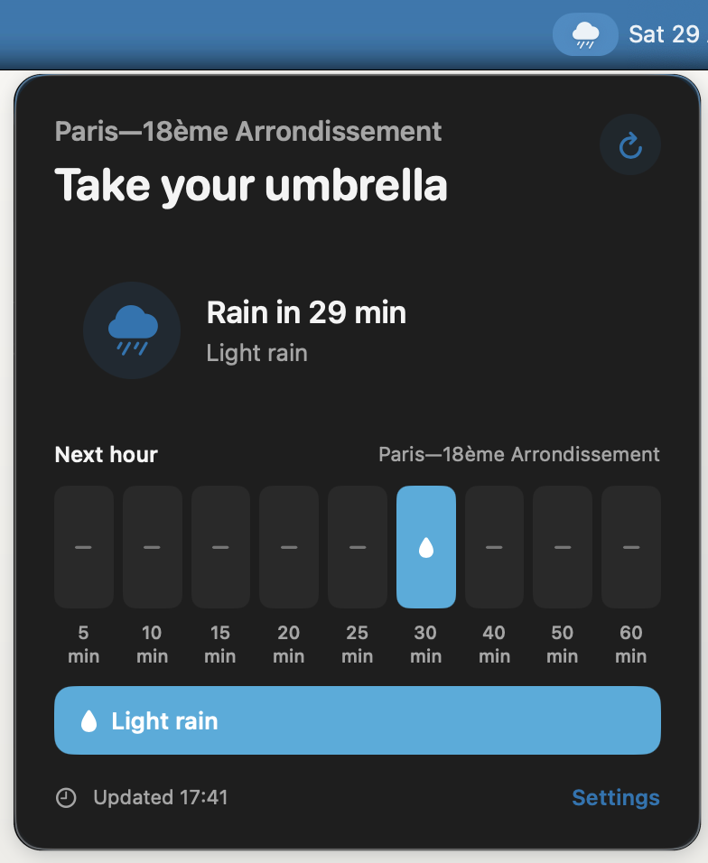 Rainsoon in English showing light rain in 29 minutes