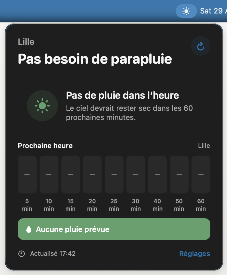 Rainsoon en français indiquant qu’aucune pluie n’est prévue