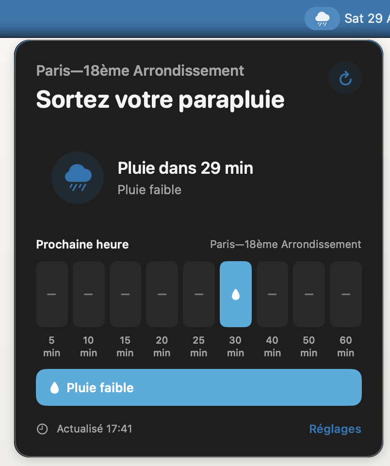 Rainsoon en français indiquant une pluie faible dans 29 minutes